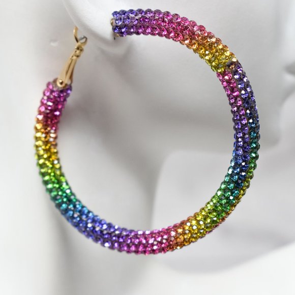 2.25" Boho Multicolor Pave Rhinestone Hoop Earring - Picture 6 of 11